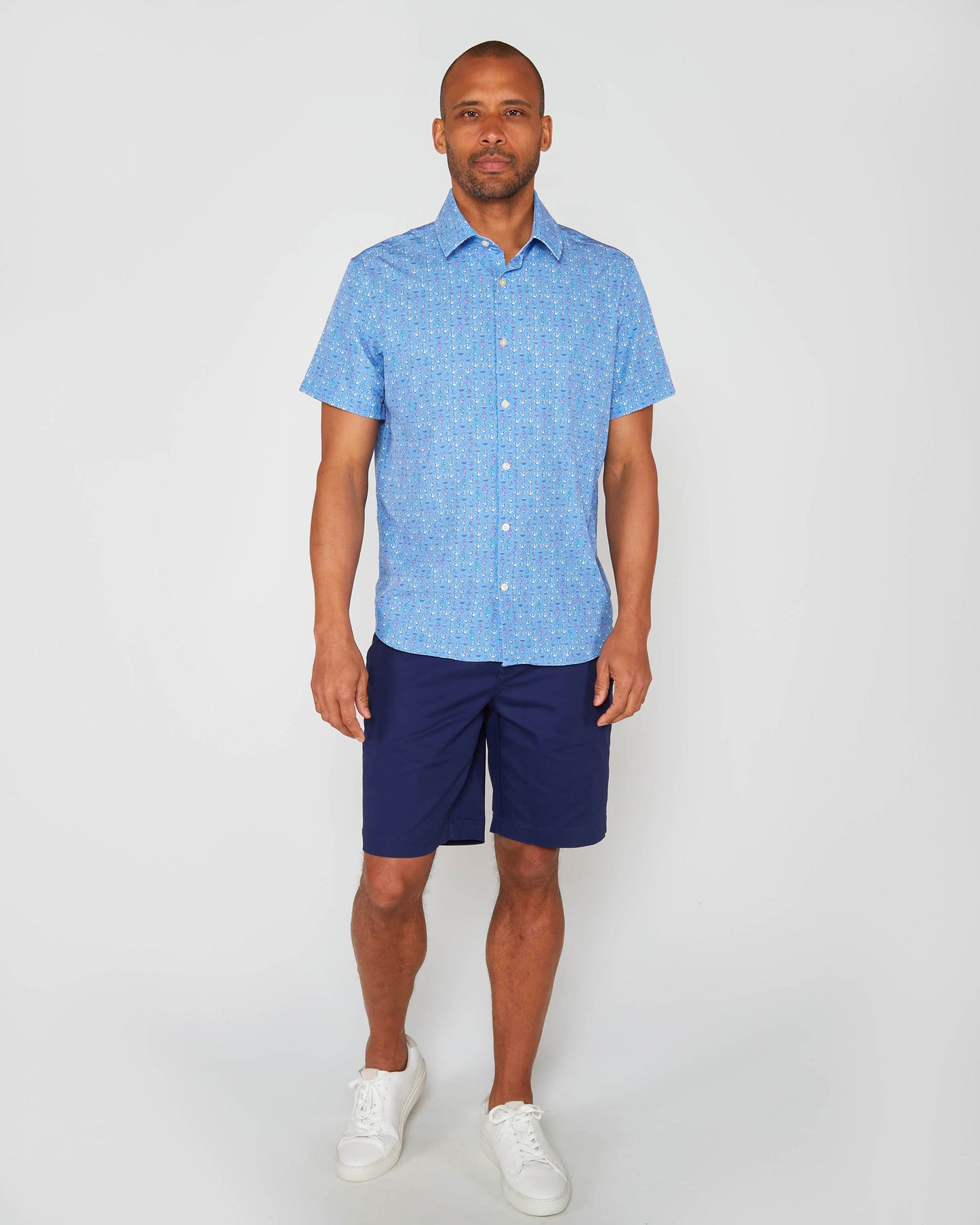 FULL DULL POLYESTER OXFORD PRINT SHIRT ANCHORS BLUE
