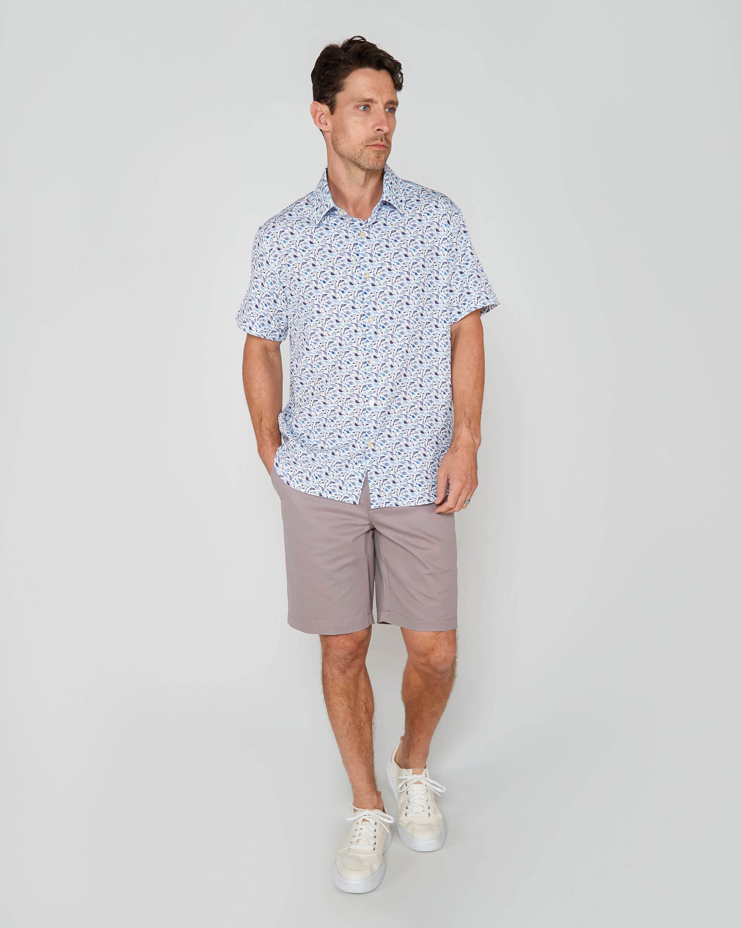 FULL DULL POLYESTER OXFORD PRINT SHIRT FISH WHITE