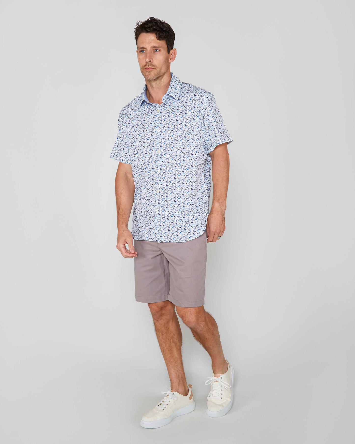 FULL DULL POLYESTER OXFORD PRINT SHIRT FISH WHITE