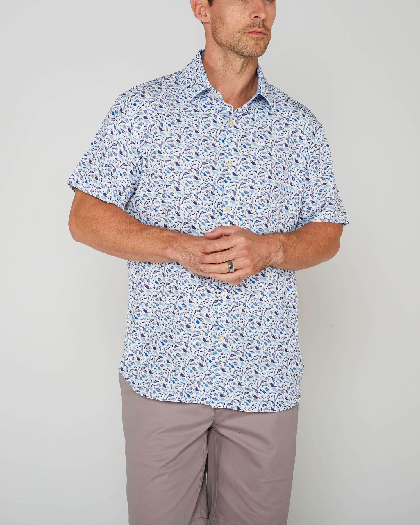 FULL DULL POLYESTER OXFORD PRINT SHIRT FISH WHITE