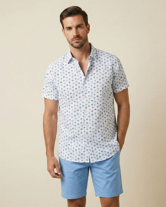 NEWARK PERFORMANCE PRINT SHIRT OXFORD PALM WHITE