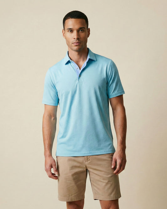 HUDSON GOLF PERFORMANCE POLO BICOLOR STRIPE AQUA