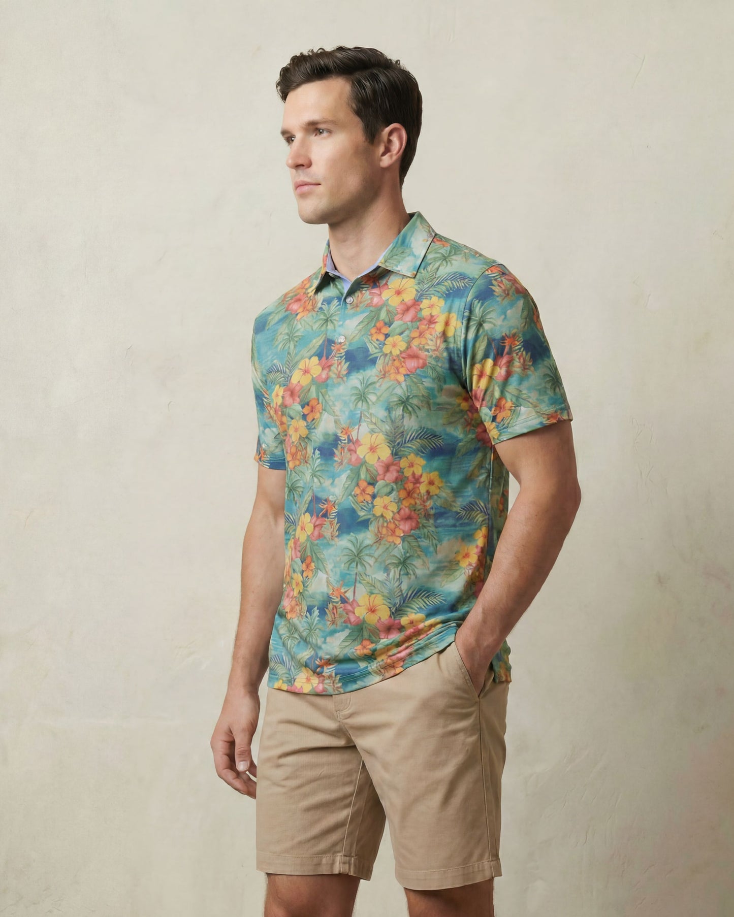 HUDSON GOLF PERFORMANCE POLO HAWAIIAN FLOWERS & SEA