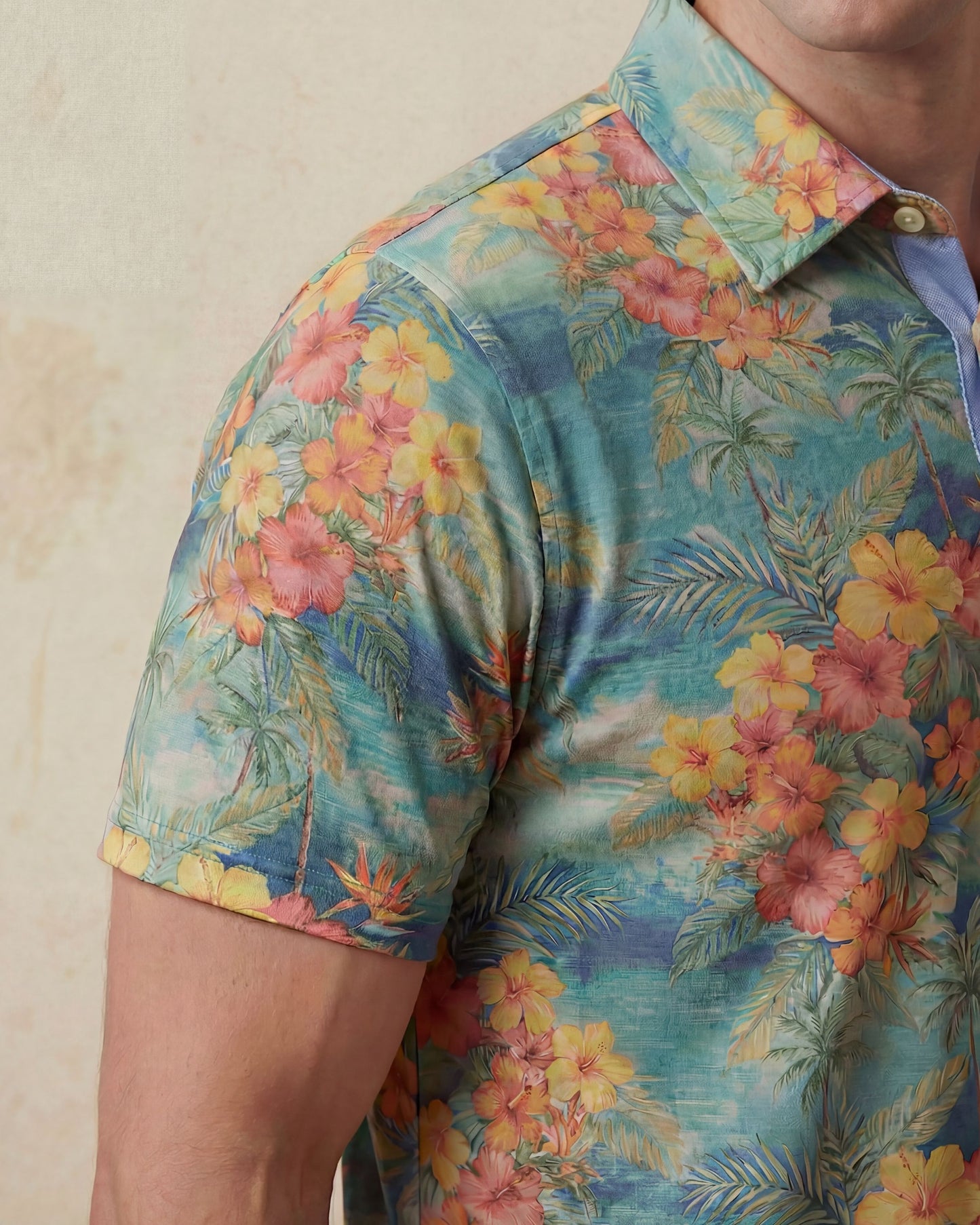 HUDSON GOLF PERFORMANCE POLO HAWAIIAN FLOWERS & SEA