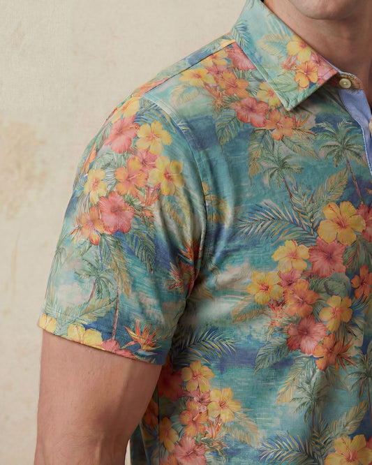 HUDSON GOLF PERFORMANCE POLO HAWAIIAN FLOWERS & SEA