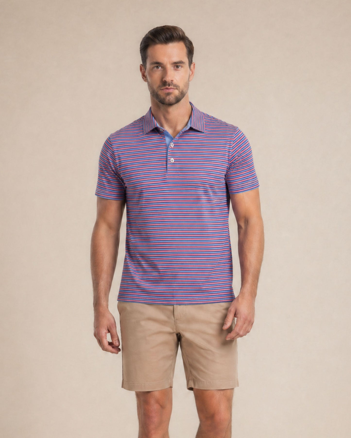 HUDSON GOLF PERFORMANCE POLO SOMERSET STRIPE CORAL