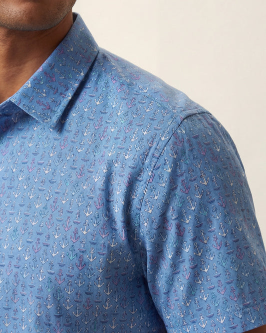 NEWARK PERFORMANCE PRINT SHIRT OXFORD ANCHORS BLUE